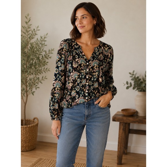 A.N.A. A New Approach Tops - A.N.A. Black Teal Floral Boho Peasant Blouse Top L Cotton